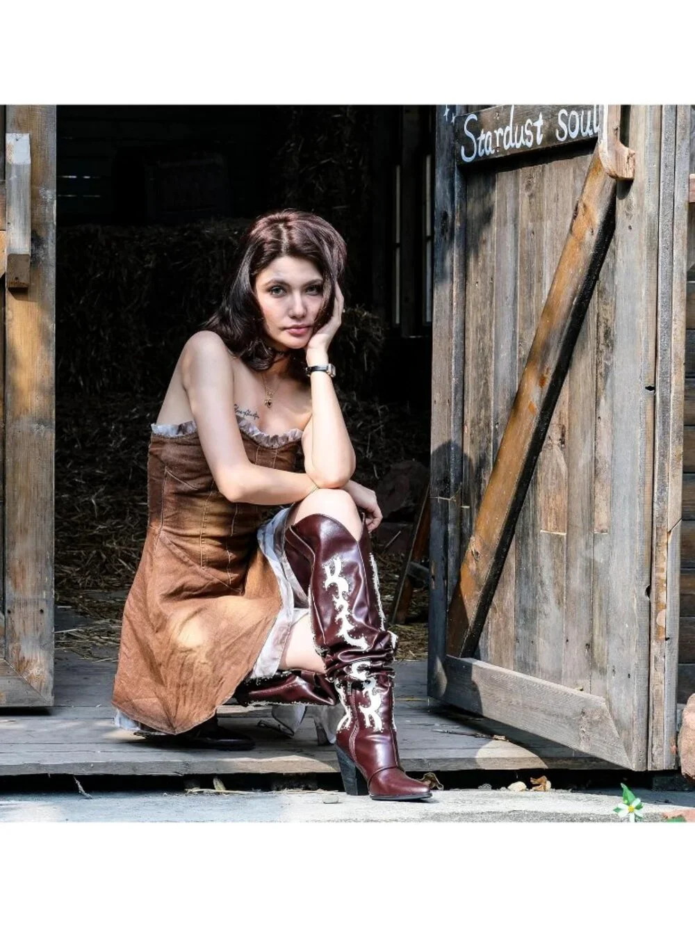 Women's Burgundy Pointed Toe Platform Studded Slouch Cowgirl Over The Knee Boots